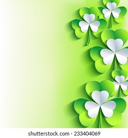 Beautiful abstract St. Patrick's day card with gray and green 3d leaf clover. Trendy stylish spring background. Bright St. Patrick day wallpaper. Vector illustration 