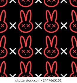 Beautiful abstract and stylish modern colored on red silhouettes of rabbit head with crosses and nose isolated on black background seamless static pattern for gift wrapping, textile, print texture