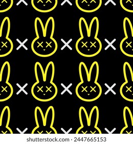 Beautiful abstract and stylish modern colored on yellow silhouettes of rabbit head with crosses and nose isolated on black background seamless static pattern for gift wrapping, textile, print texture