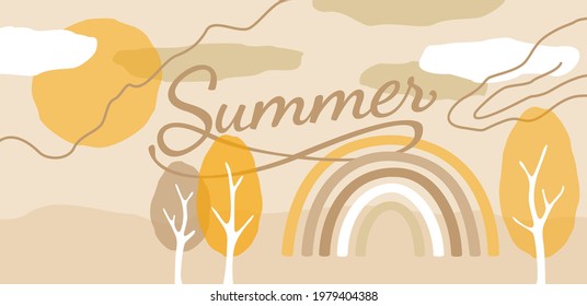 Hermoso paisaje abstracto de verano en un simple estilo de caricatura. Escena con arco iris, árboles, sol en cielo nublado