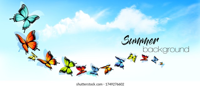 Beautiful Abstract Summer nature background with Colorful Butterflies and Blue Sky with White Clouds. Vector.