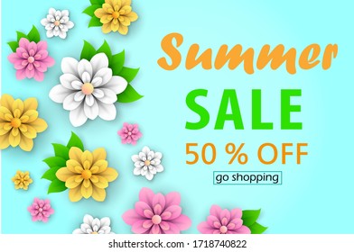 Beautiful abstract summer sale background layout for banners. Voucher discount with beautiful flowers. Vector design for shop poster, leaflet or web banner. Eps 10