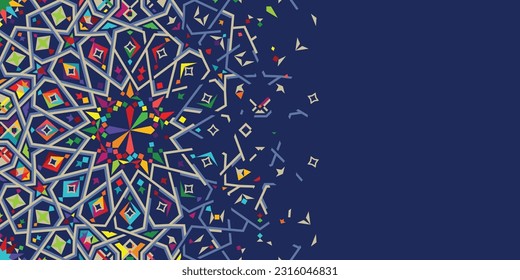 Beautiful abstract template based on disintegrating geometric islamic mosaic pattern design. Abstract background for wallpaper design with geometric design. Vector illustration. Poster, media banner, 