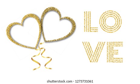 Beautiful abstract texture of golden glittering love hearts balloons and golden ribbons for Happy Saint Valentine's Day on white background and copy space for an inscription. Vector illustration.