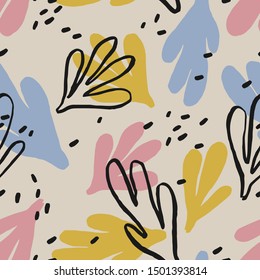 Beautiful abstract texture with hand drawn leaves shapes. Vector seamless pattern with Ink Shapes and Outlines. Abstract artistic background.