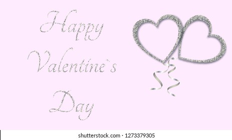 Beautiful abstract texture of shiny silver love hearts balloons and seebrist ribbons for Happy Saint Valentine on a white background and copy space for an inscription. Vector illustration.