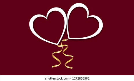 Beautiful abstract texture of white balloons in the shape of hearts with shadows and a golden ribbon for Happy Saint Valentine's Day on a red background. Vector illustration. Concept: love.