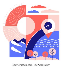Beautiful abstract touristic landscape in simple cartoon style and using 4 colors. Rural scene with house, fields, trees and sunny, cloudy sky