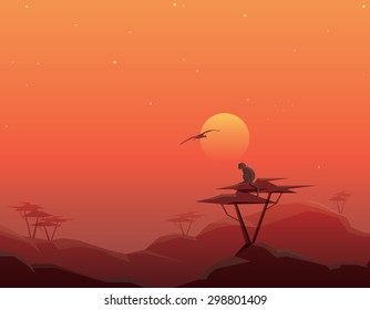 beautiful abstract tranquil african landscape scenery on red sunset with monkey on top of the Acacia tree- conceptual vector illustration of habitat and species loss 