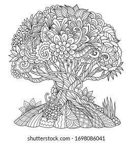 Beautiful abstract tree for design element and adult coloring book. Vector illustration