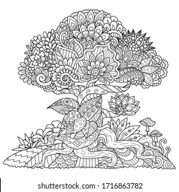 Beautiful abstract tree for design element and adult coloring book. Vector illustration