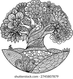 Beautiful abstract tree for design element and adult coloring book pages. Vector illustration	