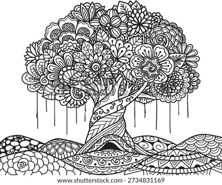 Beautiful abstract tree for design element and adult coloring book pages. Vector illustration	