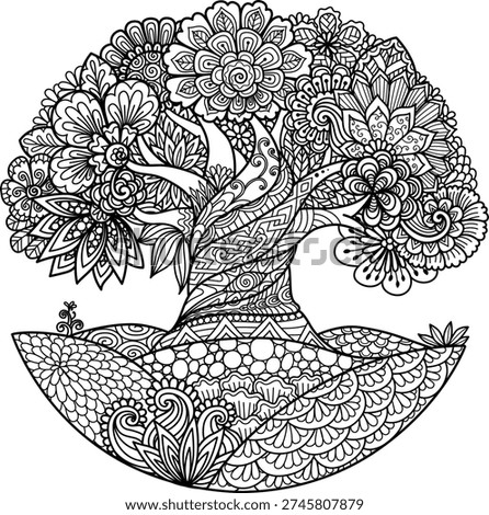 Beautiful abstract tree for design element and adult coloring book pages. Vector illustration	