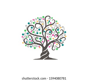 Beautiful abstract tree logo,  tree with round shape, elegant twisted shaped branches, beautiful carvings on the branches