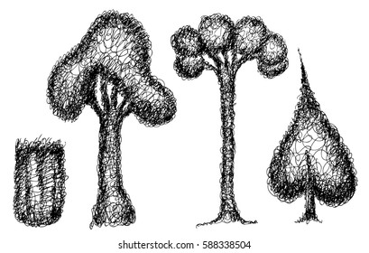 Beautiful abstract trees set, Doodle, zentagle style