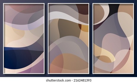 Beautiful abstract triptych. Randomly overlapping translucent shapes. Three images in white thin frames. Vector.