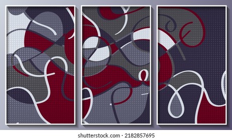 Beautiful abstract triptych. A surface of chaotically overlapping gray, burgundy, purple art forms, polygons, segments, smooth and swirling stripes. Canvas styling. Vector.