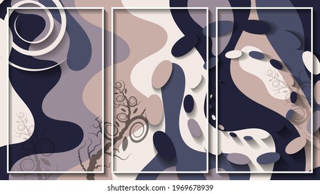 beautiful abstract triptych in thin white frames. overlapping shapes with wavy edges, spiral stripe, chain of ellipses of different sizes, floral elements. vector 