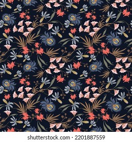 Beautiful,  abstract, tropical flowers и leaves pastel colors on a dark blue background. Pattern in boho style. It can be used for wallpaper, textiles, fabrics, wrapping. Vector illustration, eps10