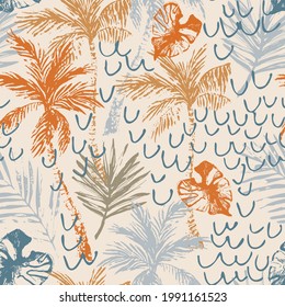 Beautiful abstract tropics seamless pattern. Grunge palm trees, tropical leaves on waved beige background. Exotic beach island and ocean concept for summer wallpaper design in vector hand drawn style.