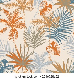 Beautiful abstract tropics seamless pattern. Grunge palm trees, tropical leaves on beige background. Exotic beach island and ocean concept for summer wallpaper design in vector hand drawn style. svg
