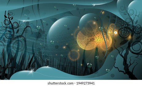 beautiful abstract underwater wallpaper. transparent bubbles on the background of underwater plants, glows, overlapping abstract shapes. vector