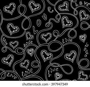 Beautiful abstract valentine vector seamless pattern with figured lacy hearts and handwritten words "Love". You can use any color of background
