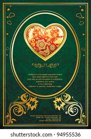 Beautiful abstract Valentines Day background with gold hearts. Classical congratulation card. Vector frame with Place for your text.