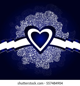 Beautiful abstract Valentines day card with blue heart, handwritten figured pattern and ribbons, vector