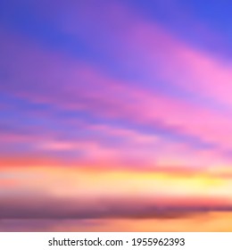 Beautiful abstract vector background of sunset or sunrise over the sea. Blurry haze of stripes of pink clouds against blue sky, purple horizon. Ideal for any your bold design or advertising project.