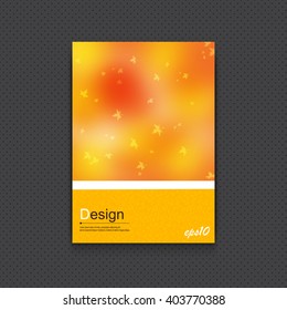 Beautiful abstract vector flyer template in autumn warm colors. A4 format orange cover book with blurred fall leaves and seamless pattern. Cover design. Annual report design. Book cover template.