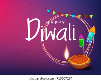 Beautiful Abstract Vector illustration greeting card of Deepavali Festival with Traditional Illuminated / burning oil lamp diya with text of Happy Diwali on festive background.