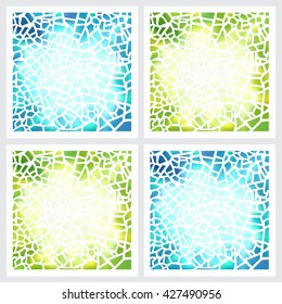 Beautiful abstract vector mosaic background pattern. Blue and green color. Laser cut panel. Die cut card. Cutout white silhouette. Design for cover, envelope, ceramic tiles, glaze. Square template 