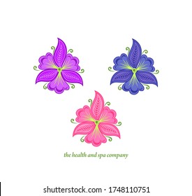 Hermosa variedad de orquídeas vectoriales abstractas y flores violetas de jardín para el diseño del logo, asistencia sanitaria, spa y salón de masajes, cosméticos, industria de la belleza, tarjeta de boda aislada en el fondo blanco