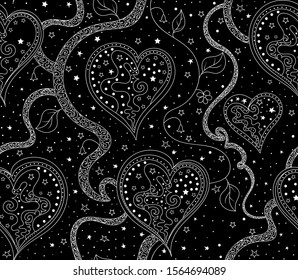 Beautiful abstract vector seamless pattern with curling figured lines and hearts 