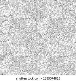 Beautiful abstract vector seamless pattern with handwritten curling lines and ornaments
