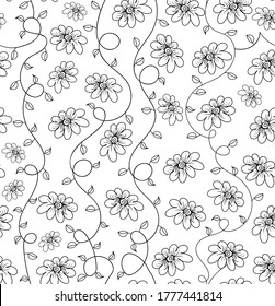 Beautiful abstract vector seamless pattern with hand drawn flowers, stems and leaves