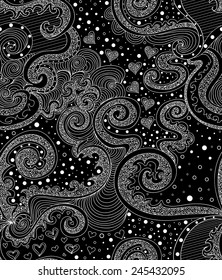 Beautiful abstract vector seamless pattern with doodles, curling lines, hearts and figured flowers. Endless texture
