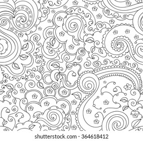 Beautiful abstract vector seamless pattern with leaves, figured curling lines and flowers. You can use any color of background