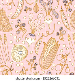 Beautiful abstract vegetable garden with golden outline corn and tomatoes, peas and onions, pink check background, vector seamless pattern