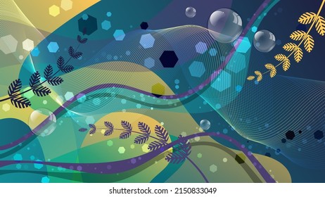 Beautiful abstract wallpaper in azure tones. Plant elements, soap bubbles, flowing stripes, intertwining thin lines, translucent figures against the background of mixing colors. Vector.