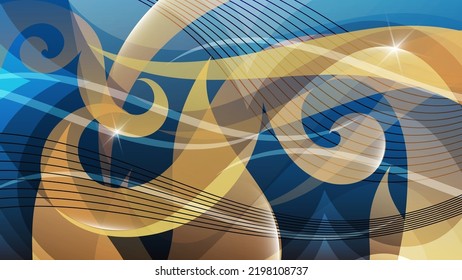 Beautiful abstract wallpaper in blue and yellow tones. Chaotically overlapping smooth lines, curved stripes, art forms with wavy edges. Vector.
