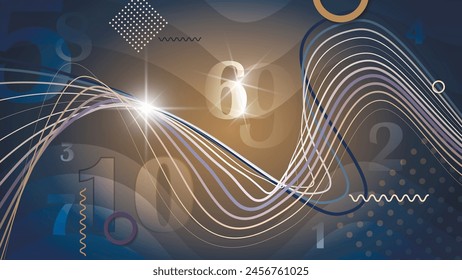 Hermoso fondo de pantalla abstracto. Destellos de luz, anillos, números, líneas onduladas entrelazadas contra un fondo de Formas abstractas superpuestas y mezcla de colores. Vector.