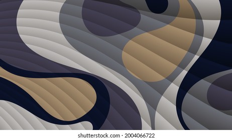 hermoso fondo de pantalla abstracto. rayas onduladas translúcidas sobre un fondo de una superficie manchada de formas grises, azules, beige y negras con bordes suaves. vector 