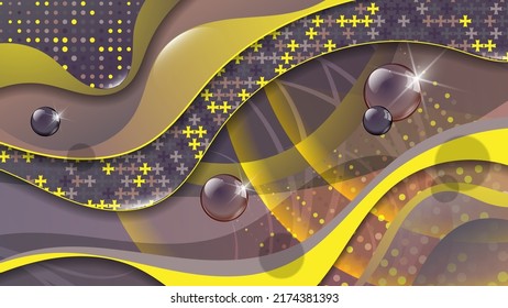 Beautiful abstract wallpaper. Transparent bubbles against the background of overlapping beige-gray-yellow wavy textured shapes and stripes. Vector.
