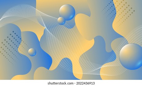 beautiful abstract wallpaper in yellow-blue tones. shiny spheres and intertwining thin flowing lines against a background of overlapping abstract shapes with wavy edges. memphis style. vector 