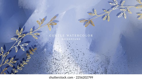 Beautiful abstract watercolor illustration in blue and gray tones with golden twigs, leaves, eucalyptus branches for postcards, design and creativity
