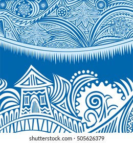 Beautiful abstract winter background with house and tree. For happy new year or merry Christmas card. Vector illustration.