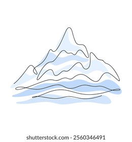 Beautiful abstract winter snowy mountains, hand-drawn with a line with blue spots in the background, vector. A decorative element for decoration, cover, booklet, design. A snow-capped mountain peak